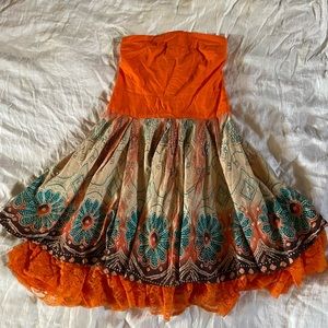 Orange Mandala Elephant Lace Strapless Swing Dress